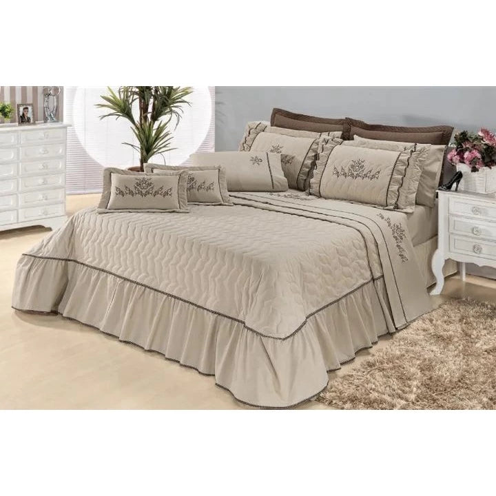 Kit Cobre leito Mosaico Matelassado Casal Padrão Caqui Bordado 05 Peças