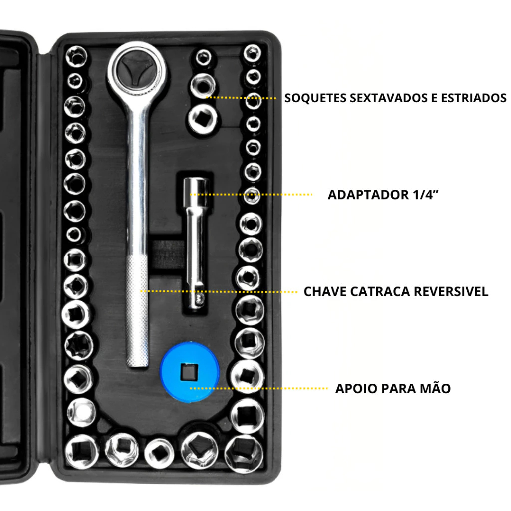 Kit De Ferramentas 40/46 Peças Jogo De Soquetes Chave Catraca Reversível Com Maleta Jogo De Ferramentas Completo