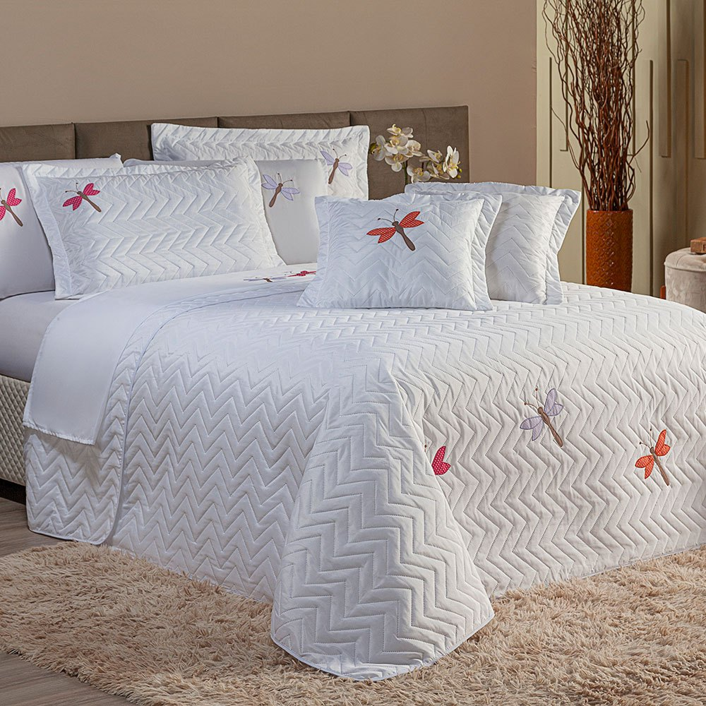 Cobre Leito QUEEN e KING Bordado Libélulas Coloridas Com 3 Peças Bordado Borboletas