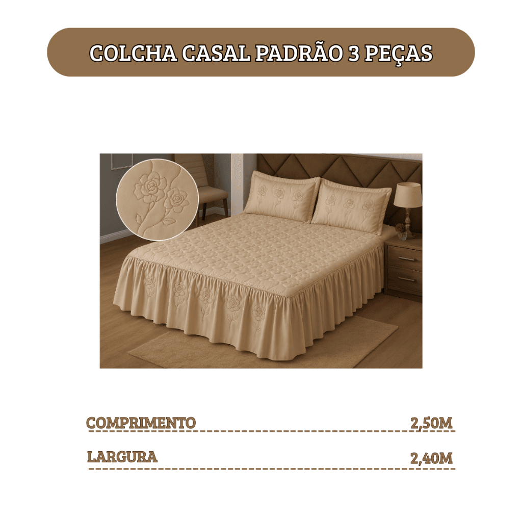 Colcha Casal Bordada Cama Padrao 3 Peças Com Babado