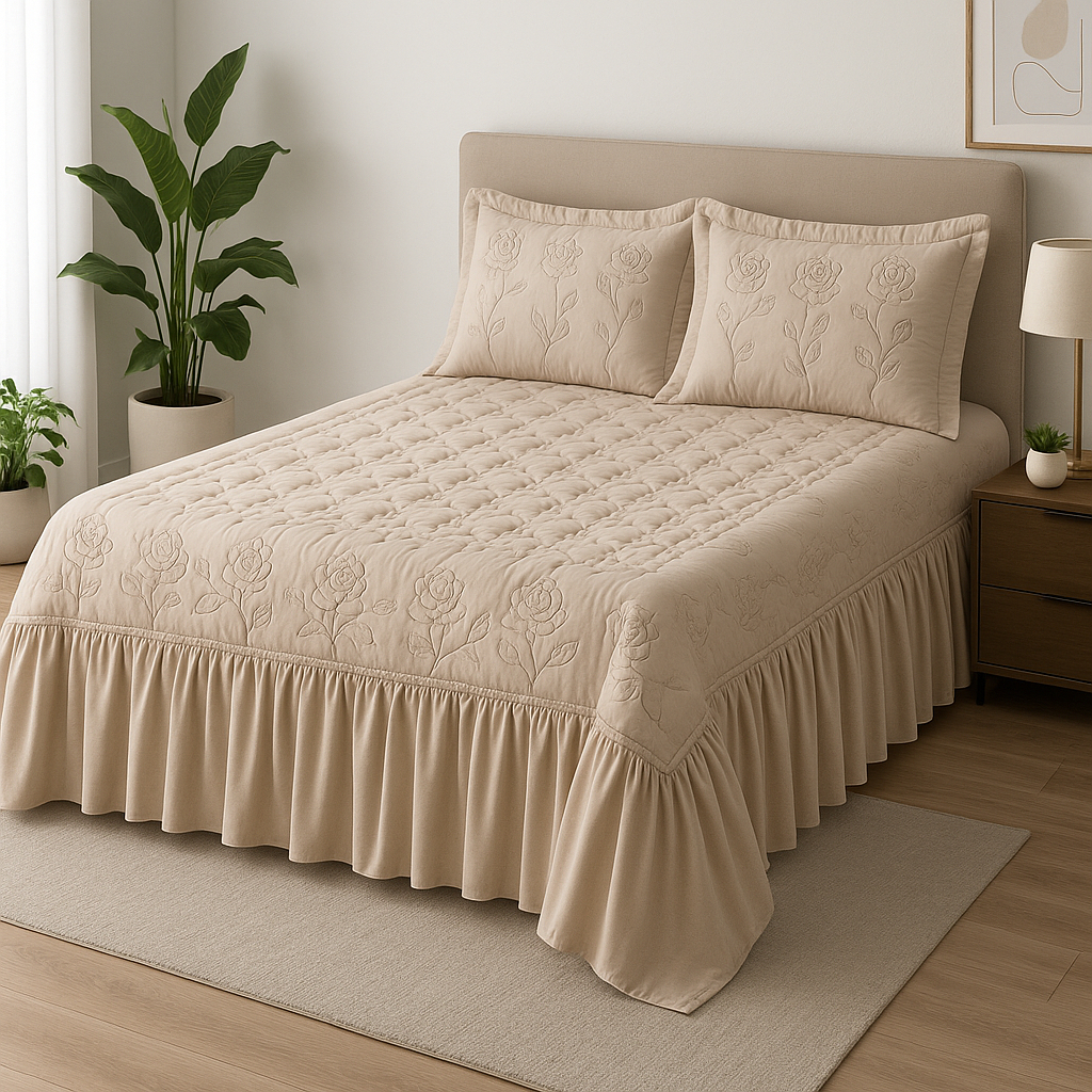 Colcha Casal Bordada Cama Padrao 3 Peças Com Babado