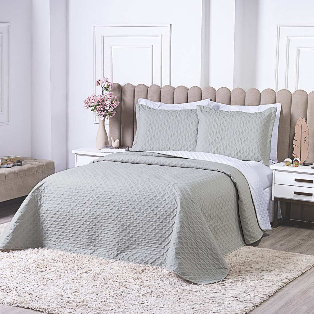 Kit Cobre Leito Casal Padrão 3 Pçs Decor Bordado Sofisticado