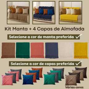 Kit Manta + Capas de Almofada Sued Drapeada Manta Grande 2,40 X 1,70 m Decoração Sala Sofá