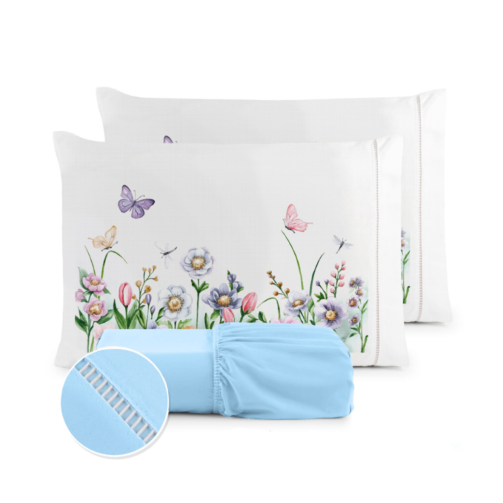 Kit Jogo de Lençol Micropercal 400 Fios Ponto Palito Fronha Estampada