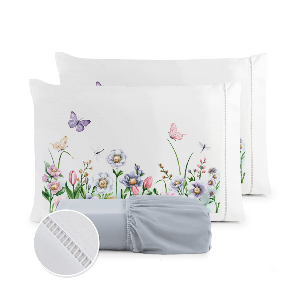 Kit Jogo de Lençol Micropercal 400 Fios Ponto Palito Fronha Estampada