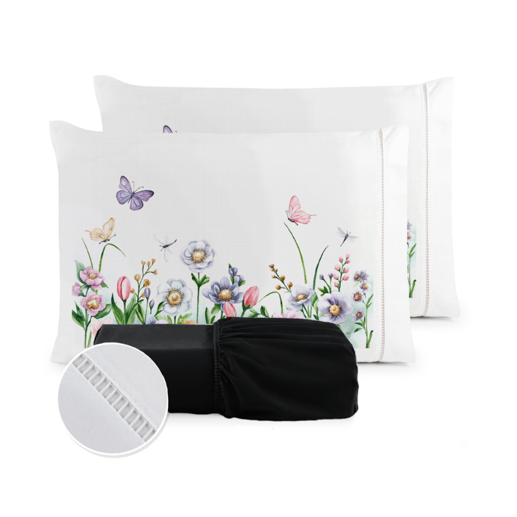Kit Jogo de Lençol Micropercal 400 Fios Ponto Palito Fronha Estampada
