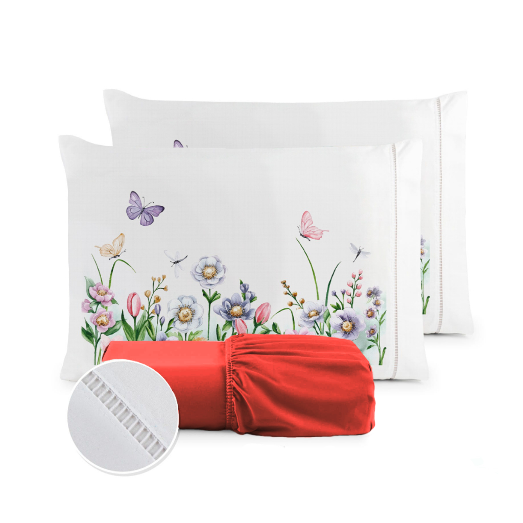 Kit Jogo de Lençol Micropercal 400 Fios Ponto Palito Fronha Estampada