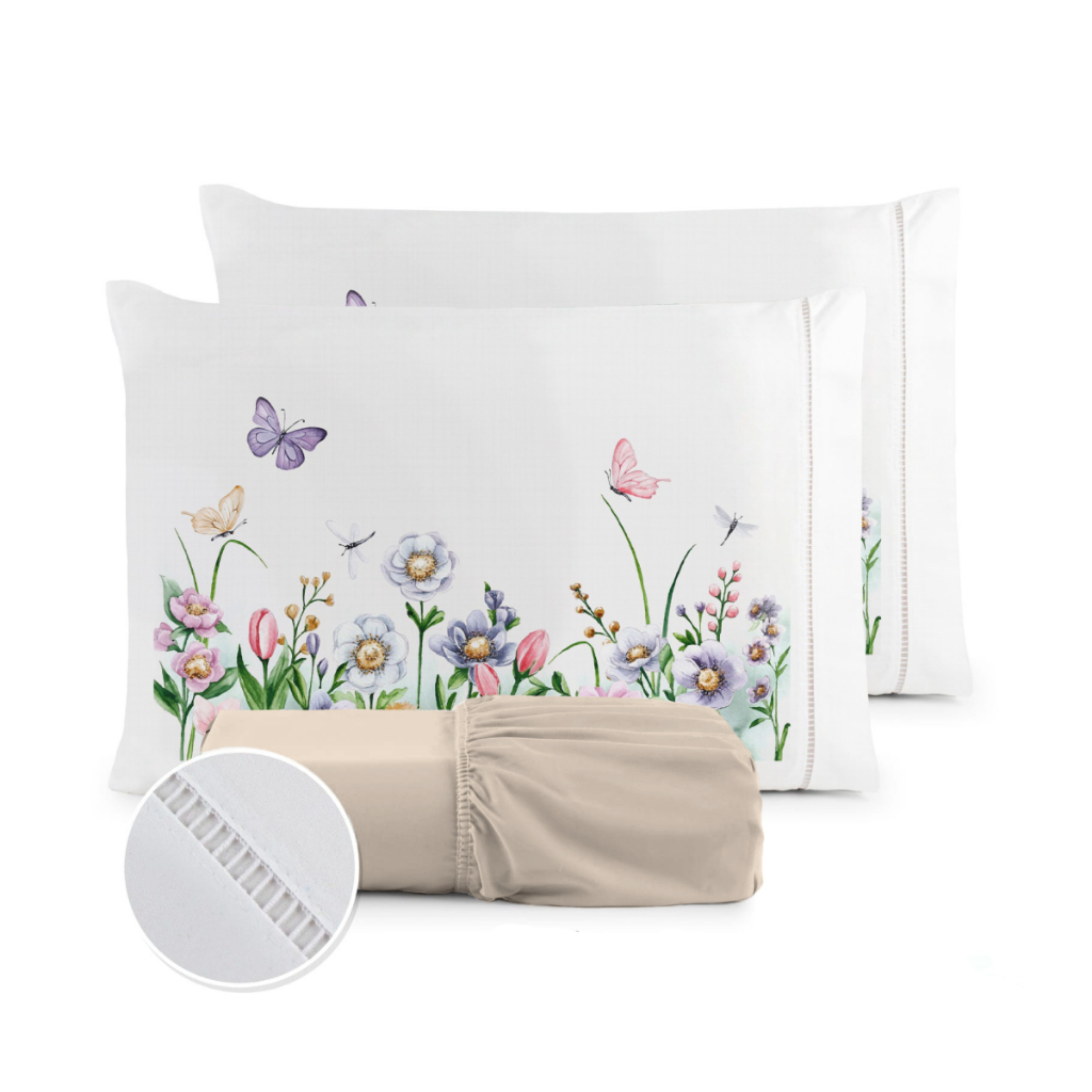 Kit Jogo de Lençol Micropercal 400 Fios Ponto Palito Fronha Estampada