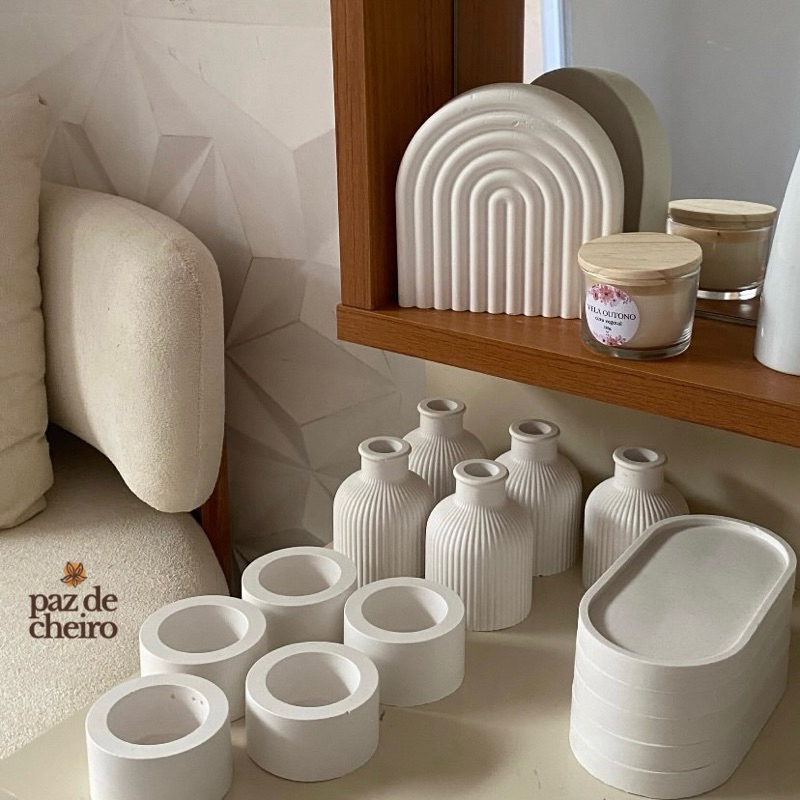 Kit AESTHETIC: Vaso Minimalista + Bandeja Decorativa + Vela Aromática | Produto Artesanal.