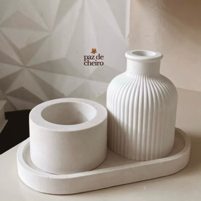 Kit Vaso Minimalista + Bandeja Decorativa + Vela Aromática | Produto Artesanal.