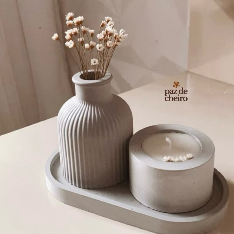 Kit Vaso Minimalista + Bandeja Decorativa + Vela Aromática | Produto Artesanal.