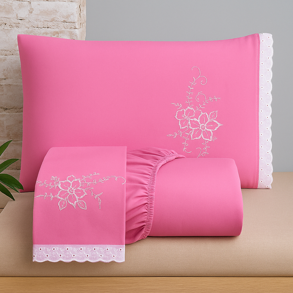 Jogo de Lençol Veneza Cama Queen Com Lese e Bordado 3 Peças para o Dia a Dia Cores