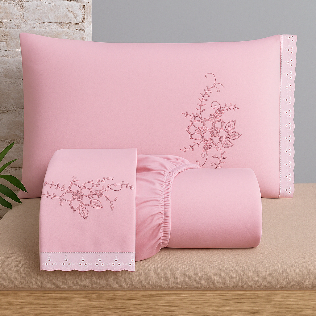 Jogo de Lençol Veneza Cama Queen Com Lese e Bordado 3 Peças para o Dia a Dia Cores