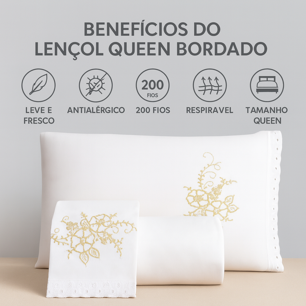 Jogo de Lençol Veneza Cama Queen Com Lese e Bordado 3 Peças para o Dia a Dia Cores