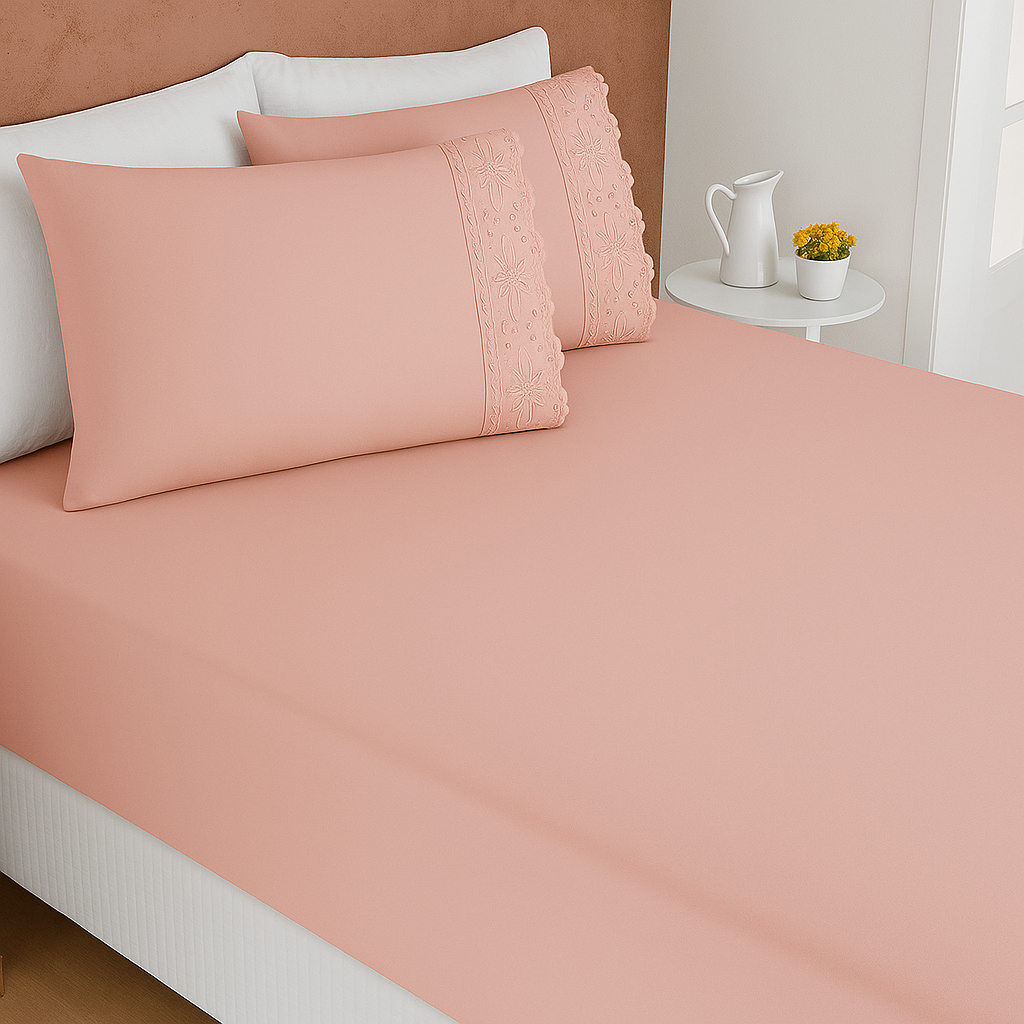 Jogo de Lençol 3 Peças Casal Padrão/Queen Size 400 Fios Com Elástico Extra Macio Lese Bordado Inglês