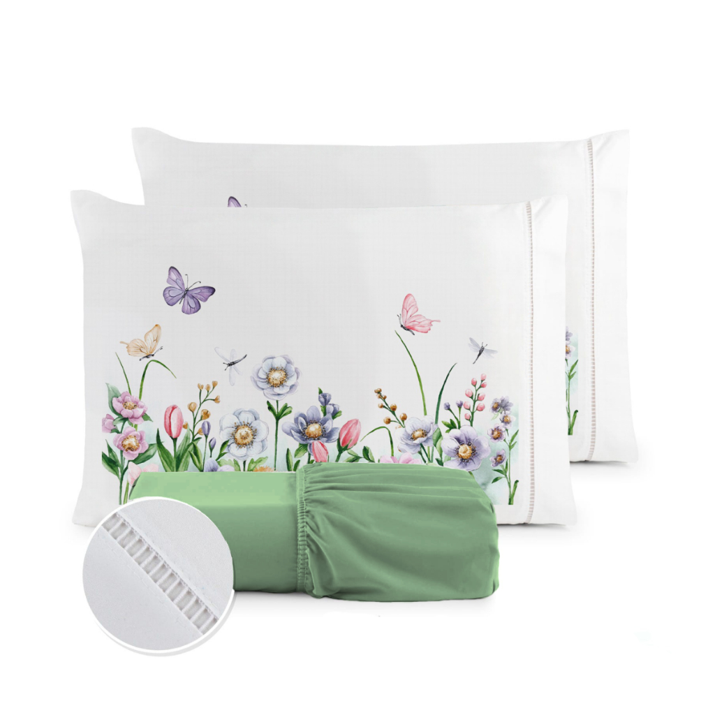 Kit Jogo de Lençol Micropercal 400 Fios Ponto Palito Fronha Estampada