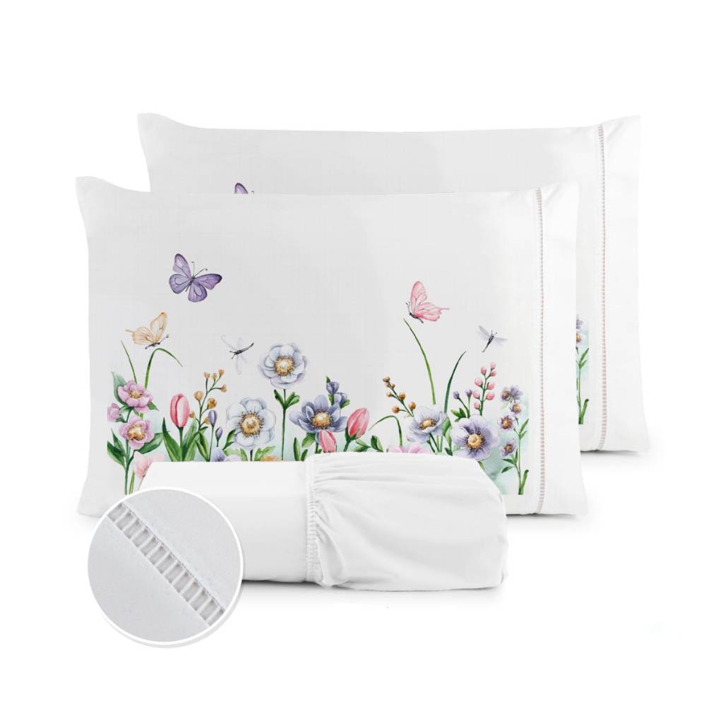 Kit Jogo de Lençol Micropercal 400 Fios Ponto Palito Fronha Estampada