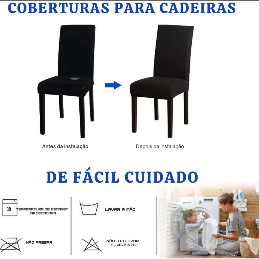 Kit 4 Capa de Cadeira Universal com Elástico Proteção Ajustável para Sala de Jantar