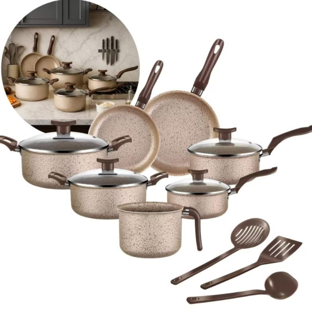 Conjunto De Panelas 10 Peças Antiaderente Caçarola Frigideira Fervedor Cor Coffee Cappuccino + Talheres