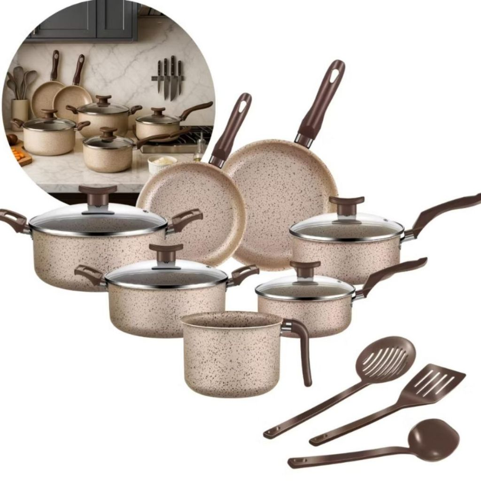 Conjunto De Panelas 10 Peças Antiaderente Caçarola Frigideira Fervedor Cor Coffee Cappuccino + Talheres