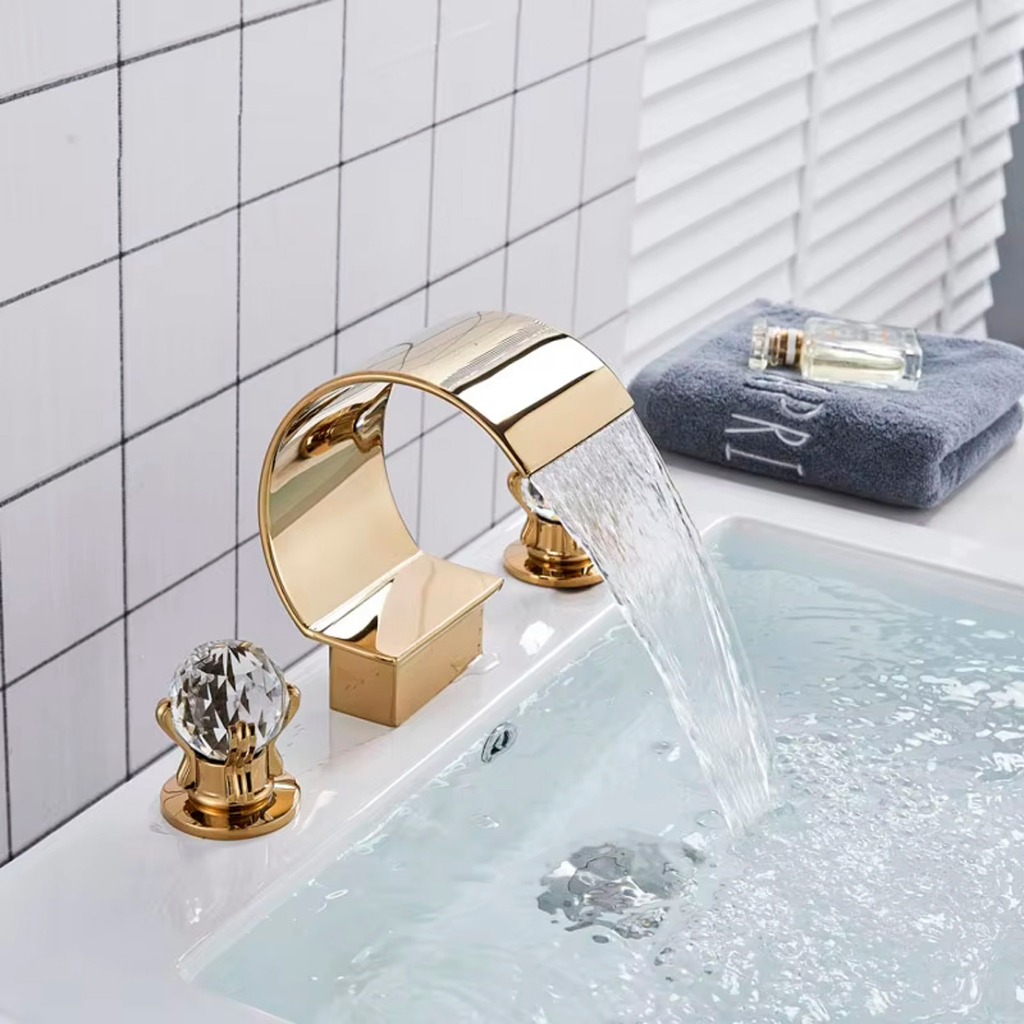 Torneira Misturador Lavatório Banheiro Dourado/Cromado Conjunto Metal Com Duplo Alças