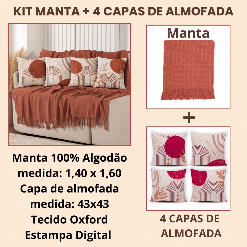 Kit Manta Decorativa P + 4 Capas de Almofadas Estampa Digital para Sala