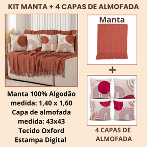 Kit Manta Decorativa P + 4 Capas de Almofadas Estampa Digital para Sala