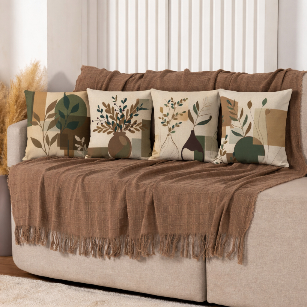 Kit Manta Decorativa P + 4 Capas de Almofadas Estampa Digital para Sala