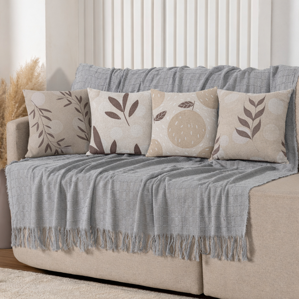 Kit Manta Decorativa P + 4 Capas de Almofadas Estampa Digital para Sala