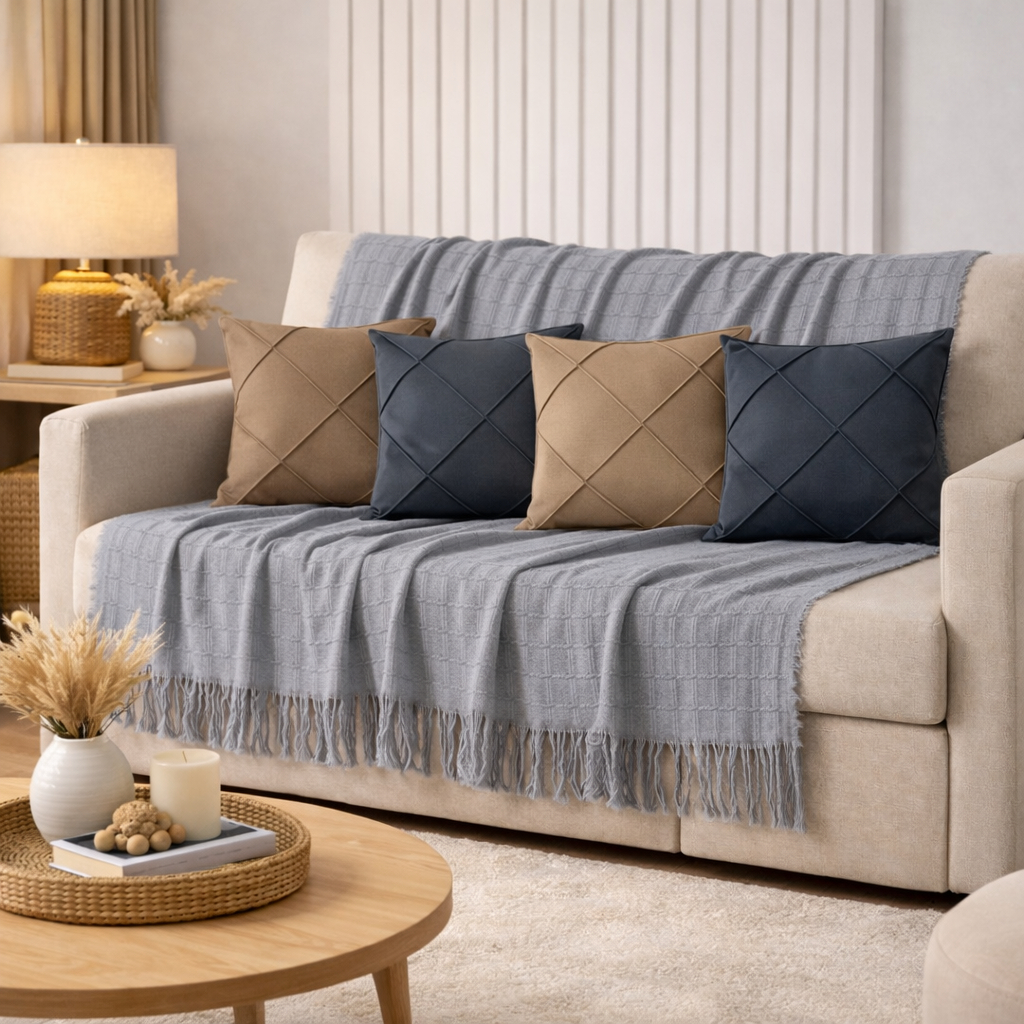 Kit Manta + Capas de Almofada Sued Drapeada Manta Grande 2,40 X 1,70 m Decoração Sala Sofá