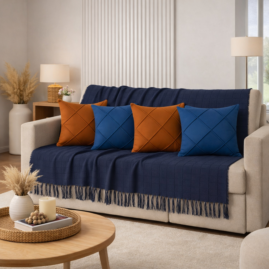 Kit Manta + Capas de Almofada Sued Drapeada Manta Grande 2,40 X 1,70 m Decoração Sala Sofá