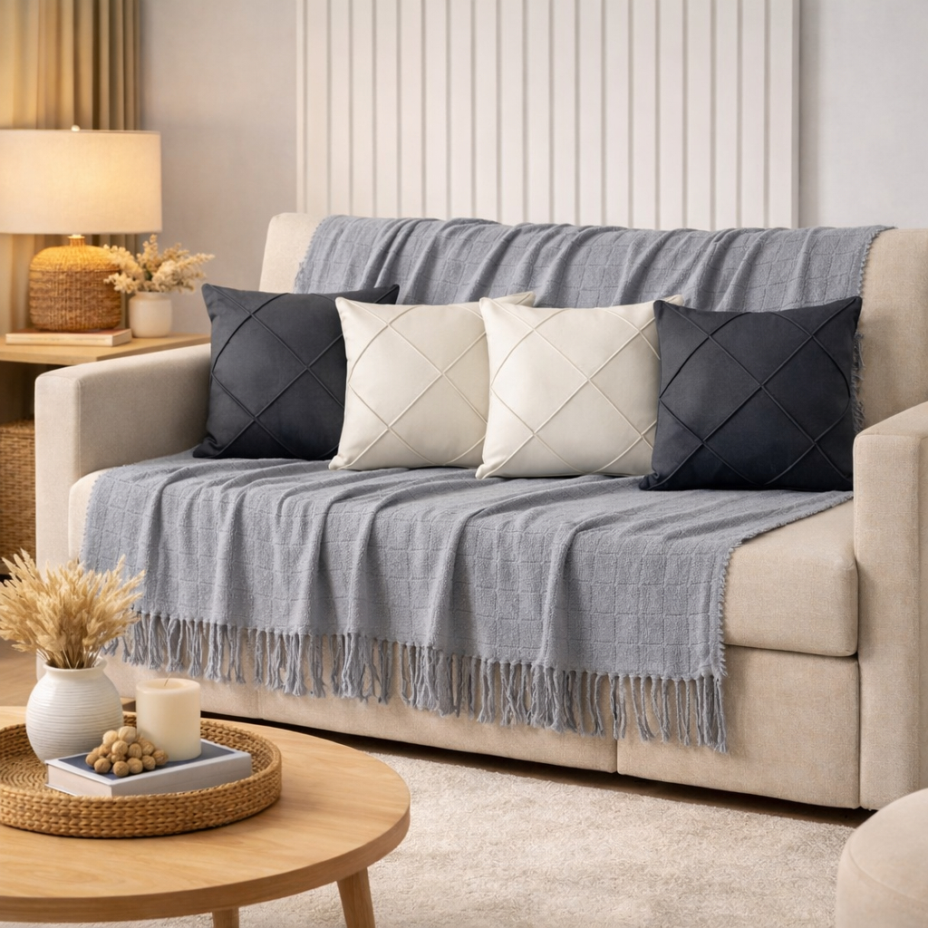 Kit Manta + Capas de Almofada Sued Drapeada Manta Grande 2,40 X 1,70 m Decoração Sala Sofá