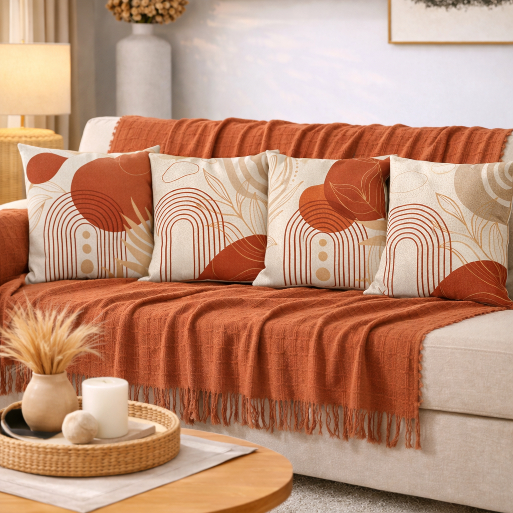 Kit Manta Decorativa P + 4 Capas de Almofadas Estampa Digital para Sala