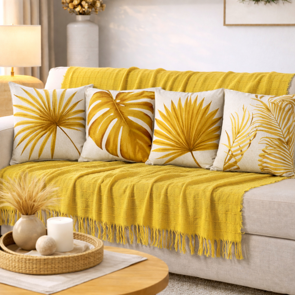 Kit Manta Decorativa P + 4 Capas de Almofadas Estampa Digital para Sala