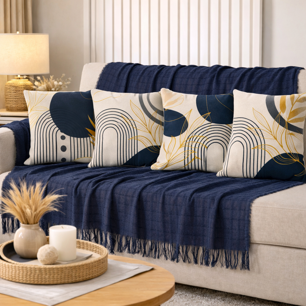 Kit Manta Decorativa P + 4 Capas de Almofadas Estampa Digital para Sala