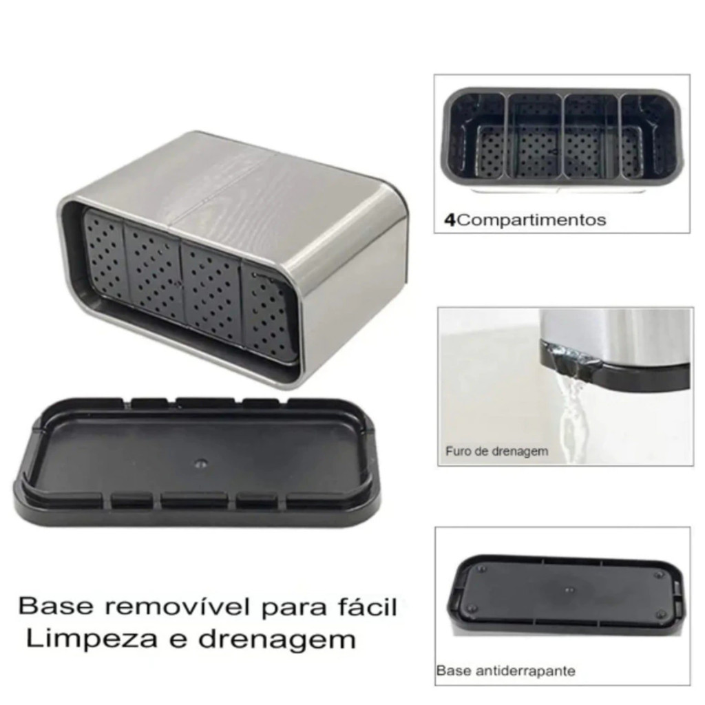 Porta Talheres Escorredor Organizador Aço Inox Vazado Pia Cozinha Portatil Suporte Talheres